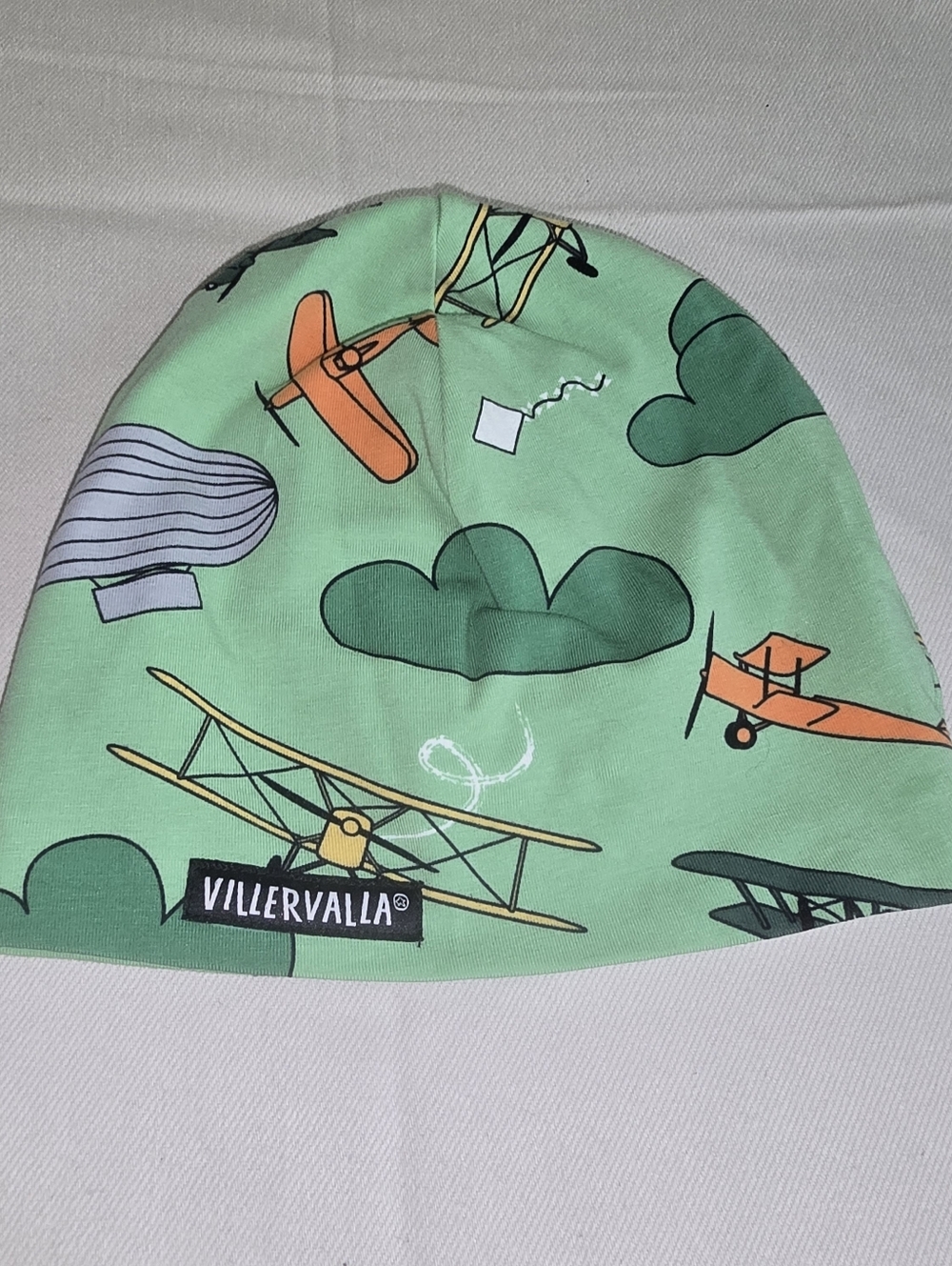 Villervalla airplane print beanie, a soft jersey hat organic cotton NWOT OSFM